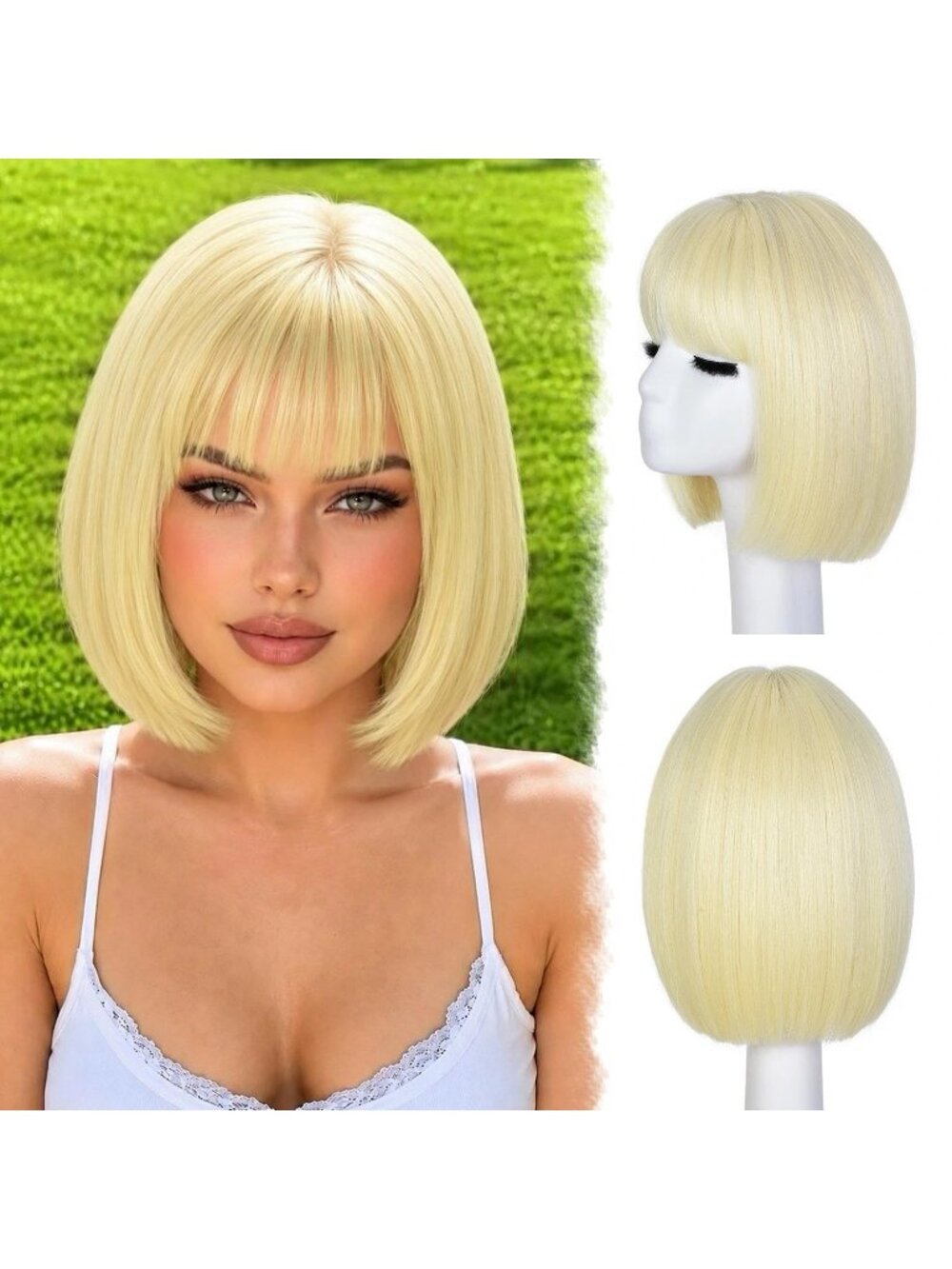 12inch Women's Blonde Straight Bob Wigs Synthetic Natural Looking With Bangs
